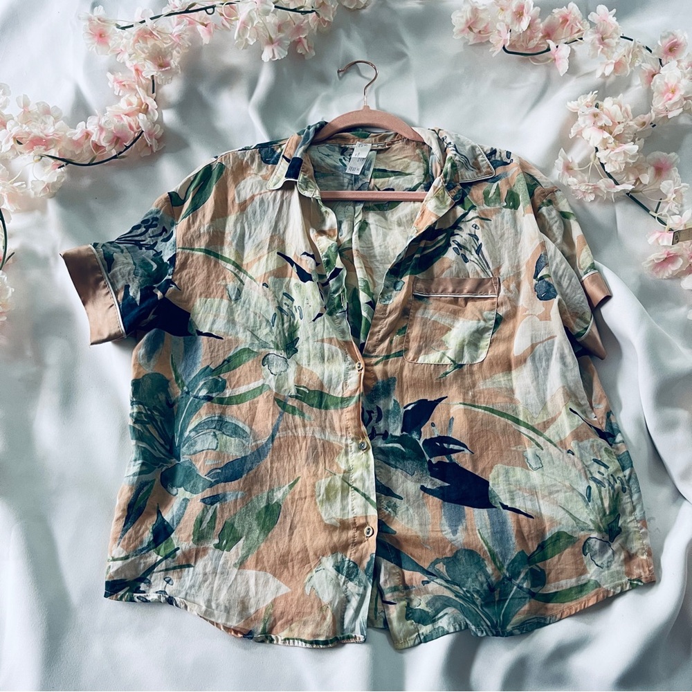 Blue and Orange Boxy Button Down Shirt with Notched Collar